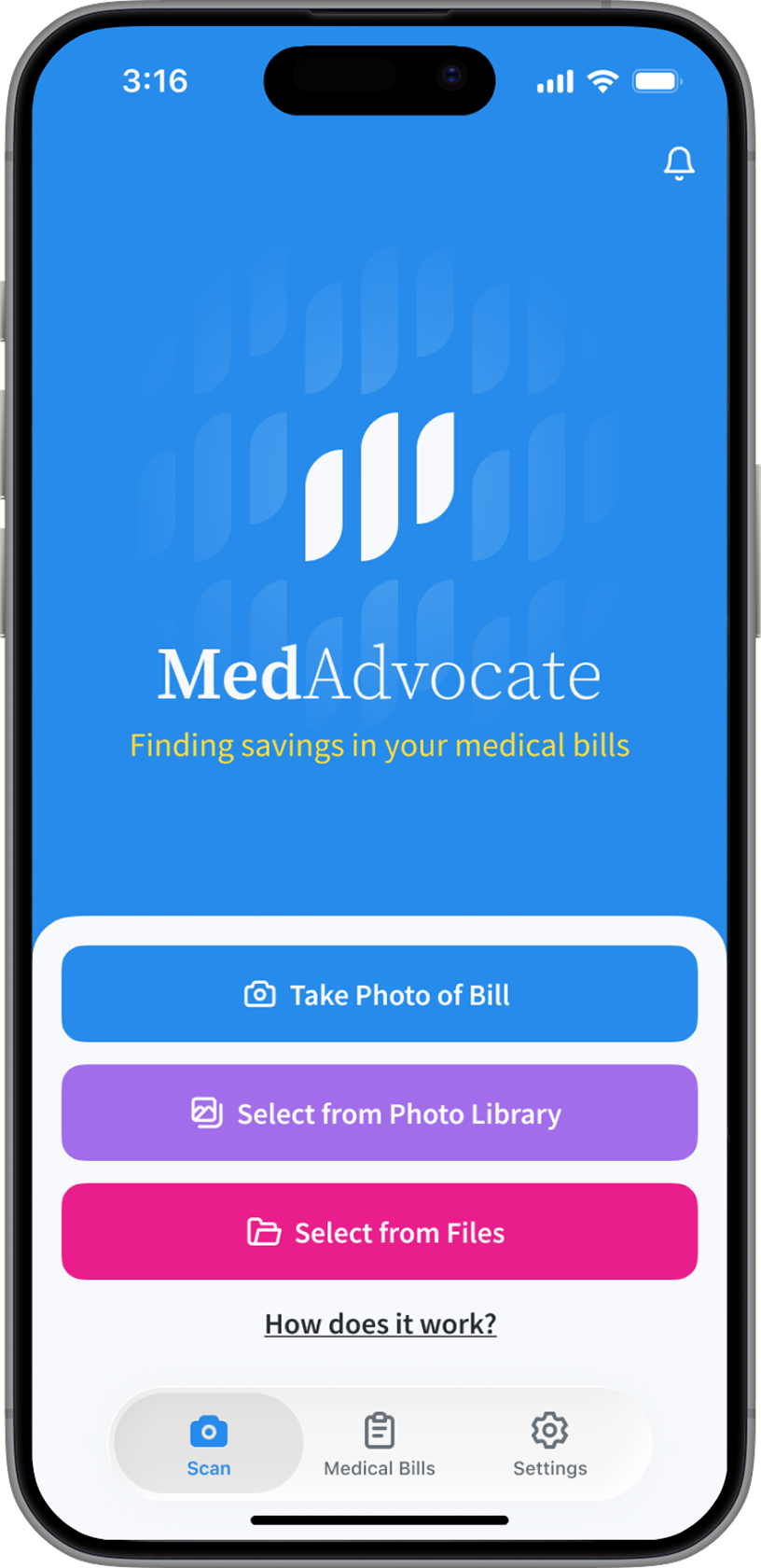 MedAdvocate scan screen with options to take a photo, choose from photo library, or pick a file.