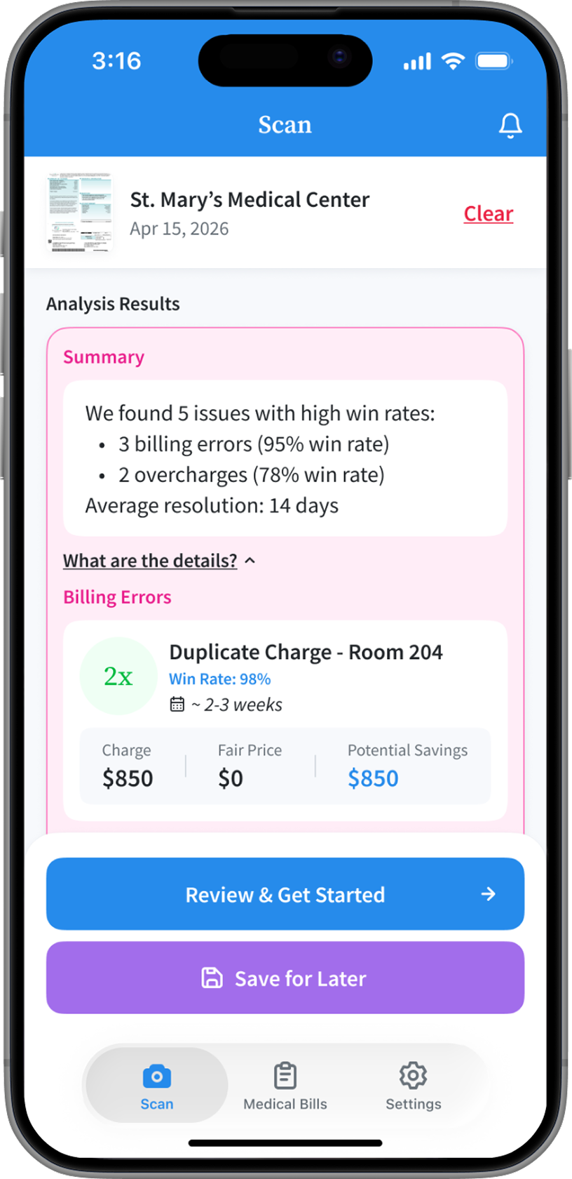 MedAdvocate app showing analysis results — 5 errors found, $1,920 in potential savings.