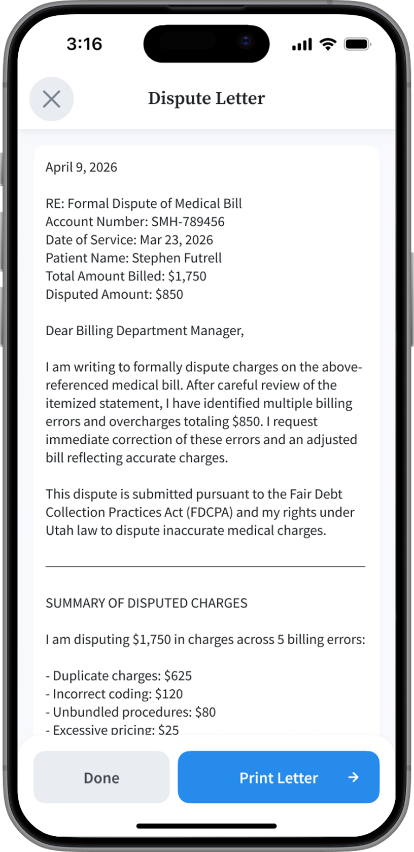 MedAdvocate-generated dispute letter ready to print, fax, or email.